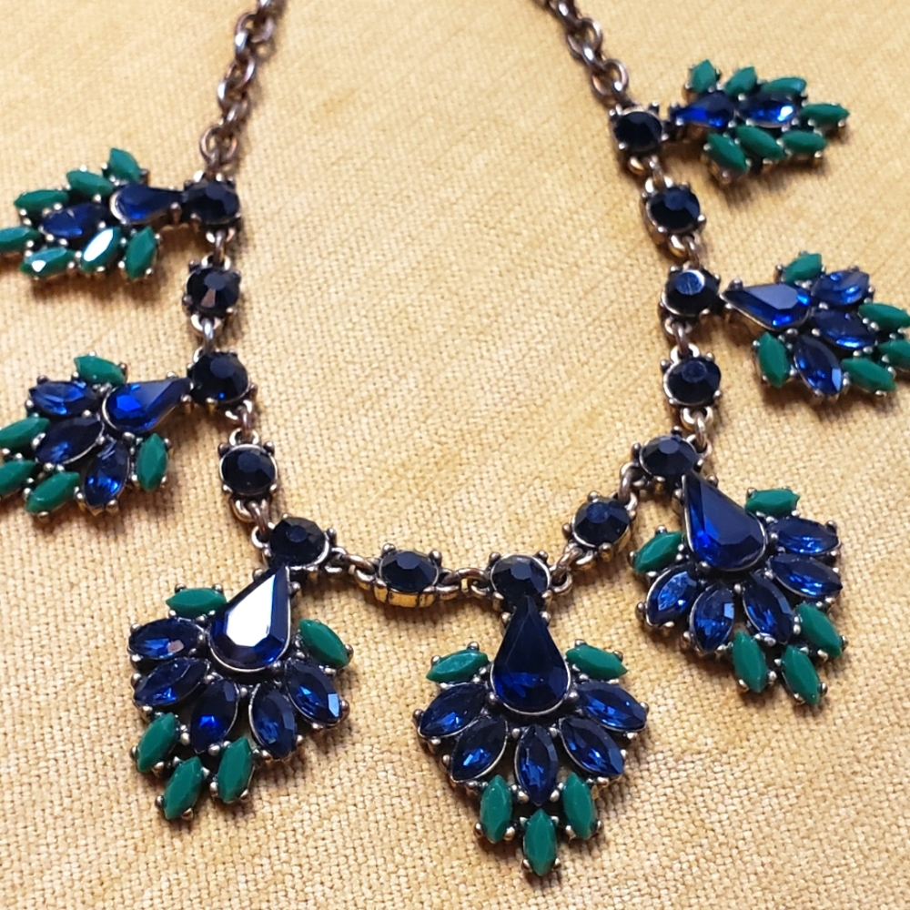 Signed J. Crew Blue/Green Rhinestone Flower Necklace